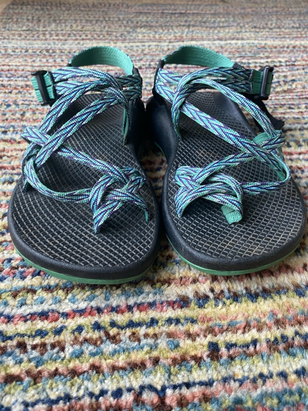Chaco Women's Black Sandals with Teal and Light Blue Straps - Picture 3 of 9